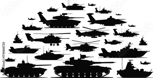Military silhouettes, black and white, aircraft, tanks, helicopters, naval ships, armored vehicles, fighter jets, defense icons, vector illustration, minimal design, war equipment