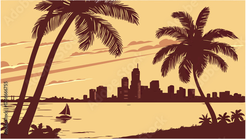 Coastal City Skyline with Palm Trees and Sailboat at Sunset.