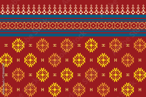 Traditional Thai–Lao geometric textile pattern in rich red and gold tones with blue accents. Inspired by classic silk weaving motifs, this elegant fabric design is ideal for fashion, scarves, home dec