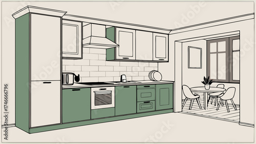 Kitchen design sketch modern cabinetry green color scheme small dining area illustration.