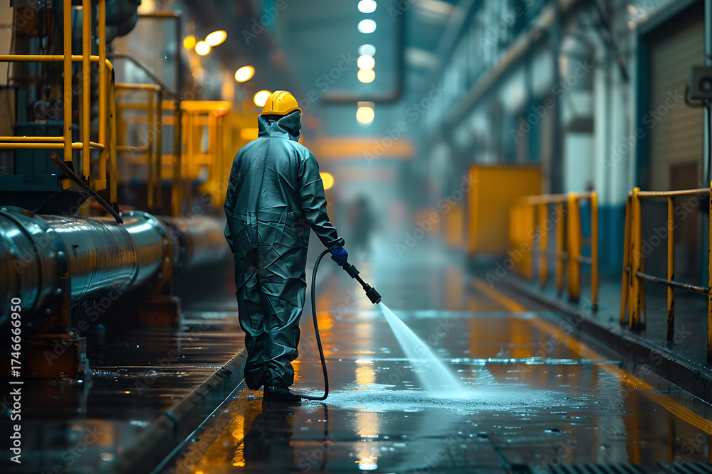 Obraz premium 工場内の床を高圧洗浄する日本人作業員の後ろ姿 クリーンな製造環境を維持する現場風景