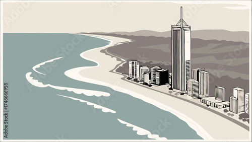 Coastal City Skyline Ocean View Beachfront Buildings Summer Vacation Urban Landscape Illustration.