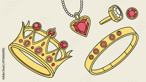 Illustration of a golden crown heart necklace ring bracelet and earring with red gems on a light background
