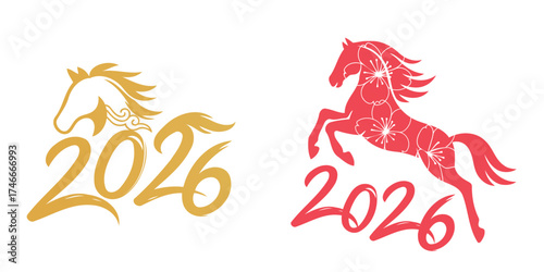 2026 year of the horse logo set with elegant gold calligraphy horse head and red floral leaping horse, festive zodiac graphics for lunar new year cards, prints, and branding.