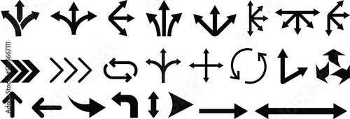 Way direction arrow sign icon set. three arrow, way sign, road direction icon vector. three-way direction arrow sign.Way pointer symbol. Turn arrow navigation sign. Traffic route vector illustration.