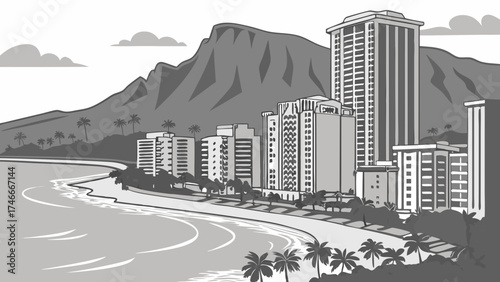 Coastal Cityscape Beachfront Buildings Ocean and Mountain View in Monochrome Illustration.