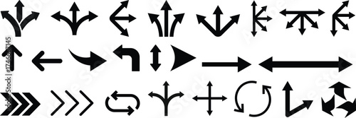 Way direction arrow sign icon set. three arrow, way sign, road direction icon vector. three-way direction arrow sign.Way pointer symbol. Turn arrow navigation sign. Traffic route vector illustration.