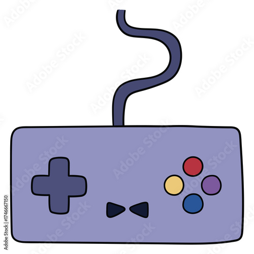 Hand-drawn cartoon retro wired purple video game joystick on a white background.