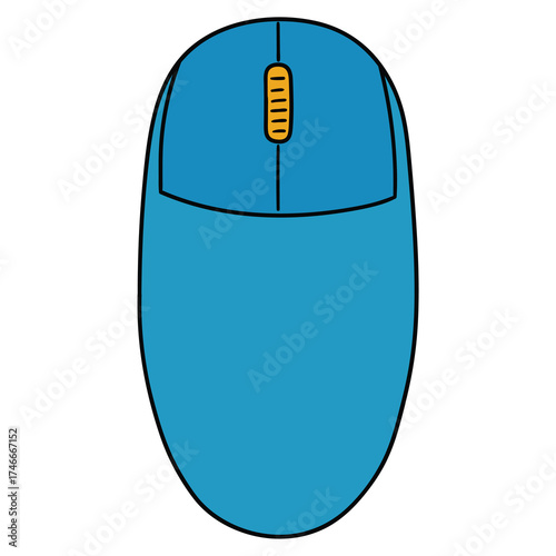 Hand-drawn cartoon wireless blue computer mouse on a white background.