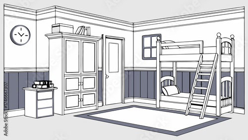 Line drawing of a childs bedroom with bunk beds and wardrobe.