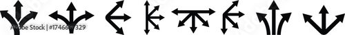 Way direction arrow sign icon set. three arrow, way sign, road direction icon vector. three-way direction arrow sign.Way pointer symbol. Turn arrow navigation sign. Traffic route vector illustration.
