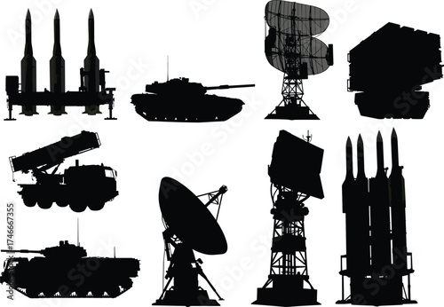 Military silhouettes, missile launchers, radar systems, armored tanks, defense vehicles, warfare icons, tactical equipment, surveillance tools, battlefield 