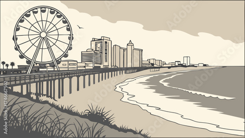 Coastal Cityscape with Ferris Wheel and Beach Summer Vacation Illustration Seaside Town Skyline Ocean View Pier Travel Poster Design.