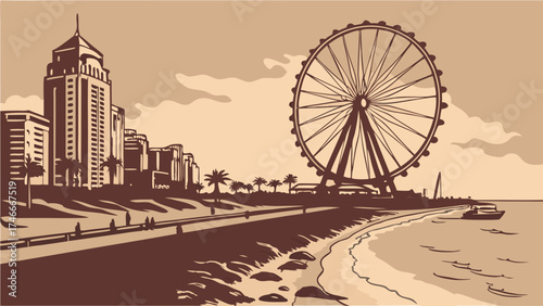 Coastal Cityscape with Ferris Wheel and High-Rise Buildings Seaside Promenade Vintage Style Illustration.