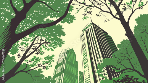 Low-angle view of skyscrapers seen through lush green trees nature and urban landscape illustration.