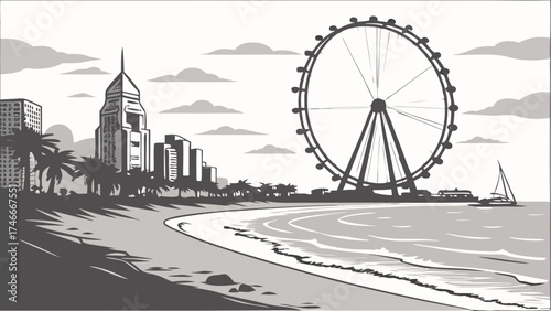 Coastal Cityscape with Ferris Wheel Beach and Skyline Illustration in Monochrome Style.
