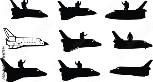 Astronauts standing on space shuttle silhouettes with one detailed spacecraft illustration, futuristic exploration, cosmic adventure, aerospace technology, vector design art