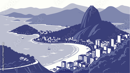 Coastal Cityscape with Mountain and Ocean View Stylized Illustration.