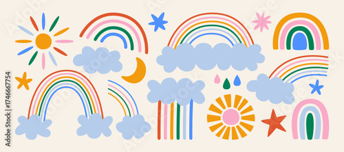  Rainbow compositions in retro cartoon. Weather elements: clouds, sun, crescent moon, raindrops, stars, colorful beams. Children’s decoration scene. Illustration in funky, doodle 

