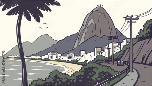 Coastal Cityscape with Mountain and Palm Tree Illustration Tropical Vacation Travel Poster Design.