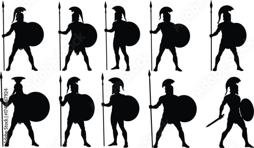 Ancient warrior silhouettes with shields and spears, Greek Roman soldiers in helmets, historical battle illustration, classical military vector art"