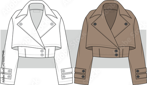 Trench Coat Technical Fashion Illustration. Double Breasted Cropped Trench Coat Flat Sketch, vector. Jacket Fashion Drawing, CAD, MOCKUP.