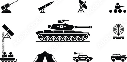 Military tank and weapon icons, armored vehicle, radar system, missiles, satellite dish, combat units, tent camp, war equipment, defense technology illustration