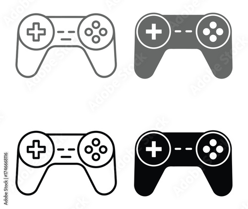 Level up your design with this game controller icon set in black, gray, and outline styles, perfect for apps, websites, or print materials showcasing esports or gaming events