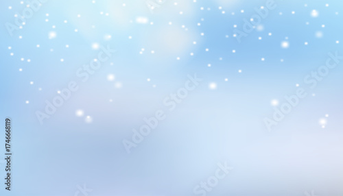 A view of a winter blue sky with soft flakes of fluffy snow gently falling. A Christmas holiday vector background with light effects. Wallpaper design for posters, banners, and greeting cards