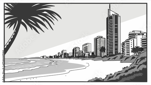Coastal Cityscape Beachfront Buildings Ocean View Tropical Paradise Black and White Illustration Summer Vacation Travel Poster Urban Beach Palm Trees Skyline Grey Tones Monochrome Desi.