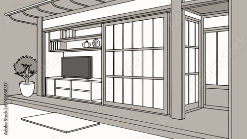 Modern minimalist home interior design sliding door entertainment unit potted plant mat bookshelf illustration drawing.
