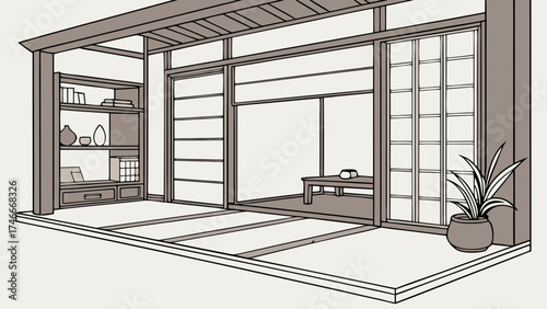 Modern minimalist interior design illustration Asian style room with sliding doors wooden structure shelves and potted plant home decor architecture sketch zen room Japanese style.