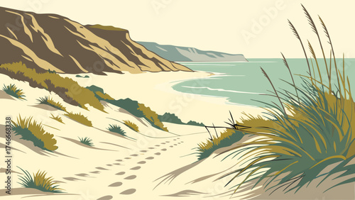 Coastal Dune Landscape with Footprints Ocean View Beach Scene Sandy Path Summer Vacation Illustration.