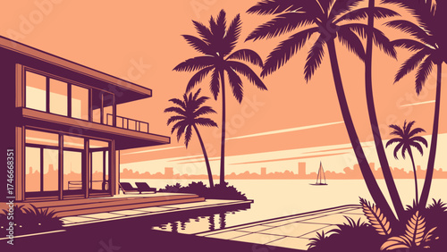 Modern Tropical House by the Sea at Sunset Pool Palm Trees Vacation Home Illustration.