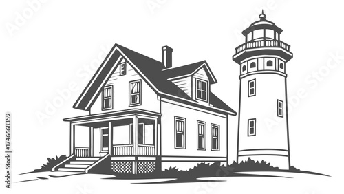 Coastal House and Lighthouse Illustration Black and White Graphic Design Nautical Theme Simple Home Design Vector Art Cottage Style Seaside Property Ocean View Maritime Decor Lighthouse.