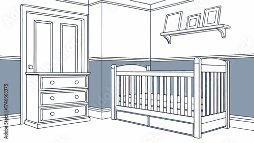 Nursery Room Interior Design Crib Dresser and Shelf Illustration in Line Art Style.