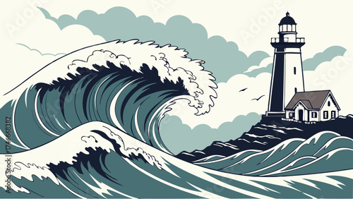 Ocean wave crashing near lighthouse nautical illustration vintage style artwork.