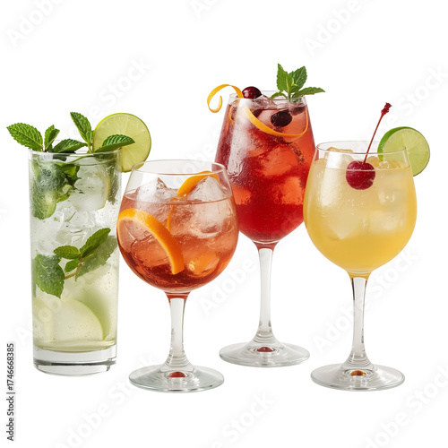 (AI) Refreshing summer cocktails a collection of four exquisite drinks on transparent background