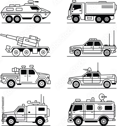 Military vehicles, tactical transport, black and white, line style, armored truck, satellite van, medical unit, vector illustration, defense icons, minimal design