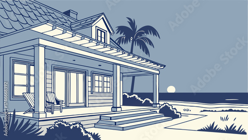 Coastal House at Night Ocean View Porch Palm Tree Summer Vacation Home Illustration.