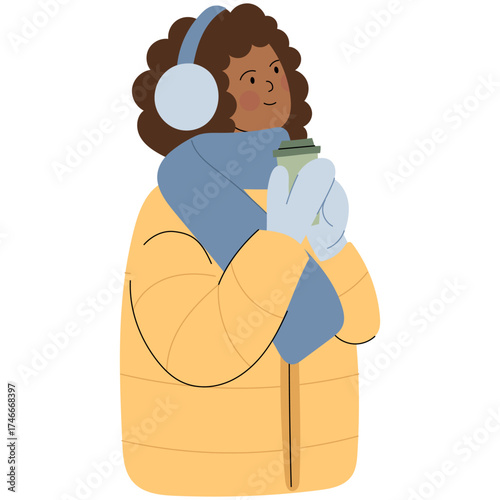 Dark-skinned woman in winter clothes holding hot drink. Illustration of a dark-skinned woman wearing warm winter clothes and mittens, holding a cup of hot drink outdoors in cold weather. 
