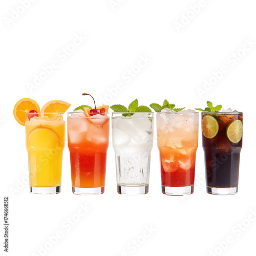 (AI) Front view of Colorful assortment of refreshing summer cocktails on transparent background