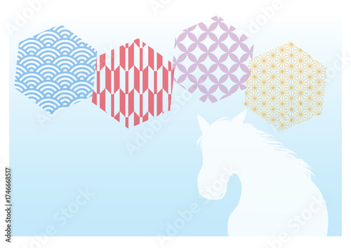 白い馬と和風のイラストのポストカード・年賀状