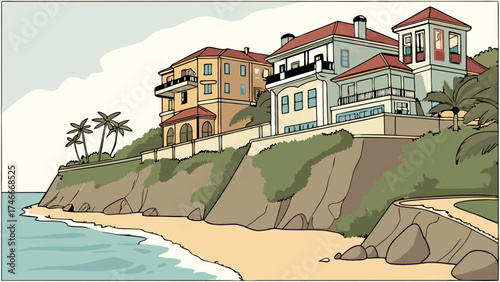 Coastal Houses Ocean View Cliffside Property Beachfront Homes Summer Vacation Tropical Paradise Seaside Illustration Architectural Drawing Holiday Destination Calm Sea Sandy Beach Palm.