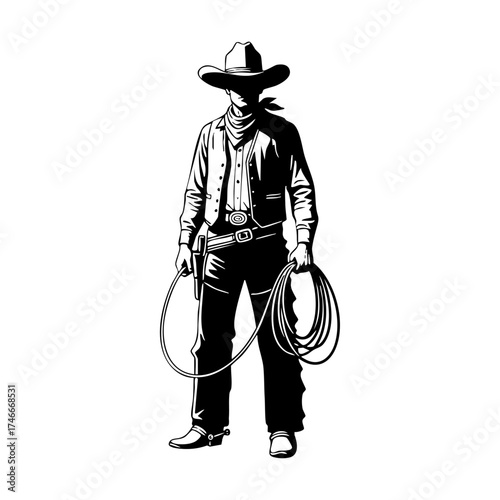 Black and White Line Art Illustration of Cowboy