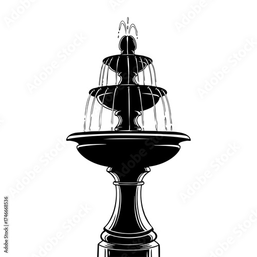Black and White Line Art Illustration of Fountain