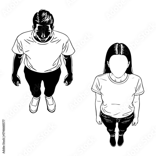 Black and White Line Art Illustration of Person Seen from Above