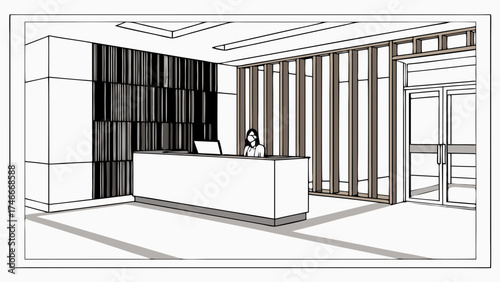 Receptionist at modern office desk interior design illustration minimalist style architectural drawing.