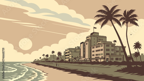 Retro Beachfront Hotel and Palm Trees at Sunset.