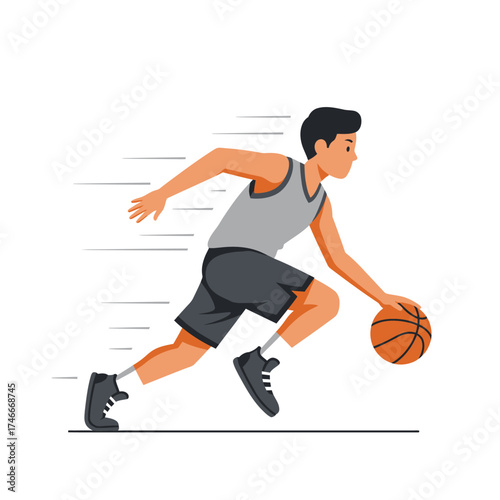 An energetic young man in athletic attire is rapidly dribbling a basketball across the court, demonstrating speed and skill in a dynamic sports illustration.